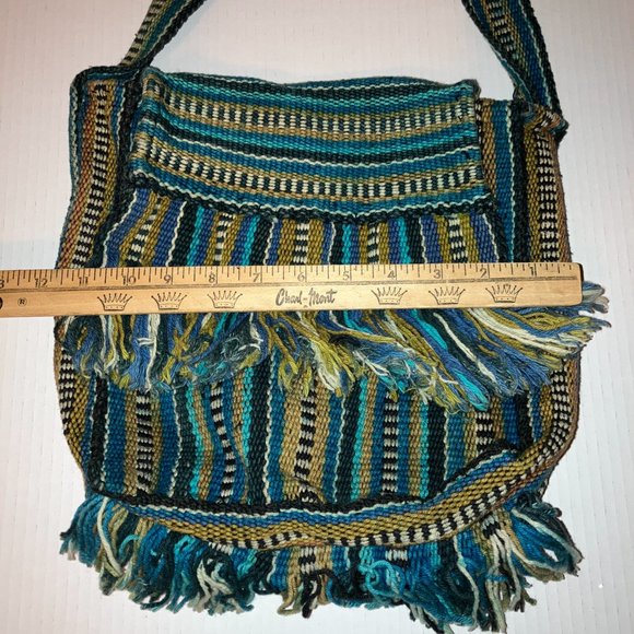 Boho Woven Flap Front Blue Stiped Shoulder Strap Bag - Picture 9 of 12